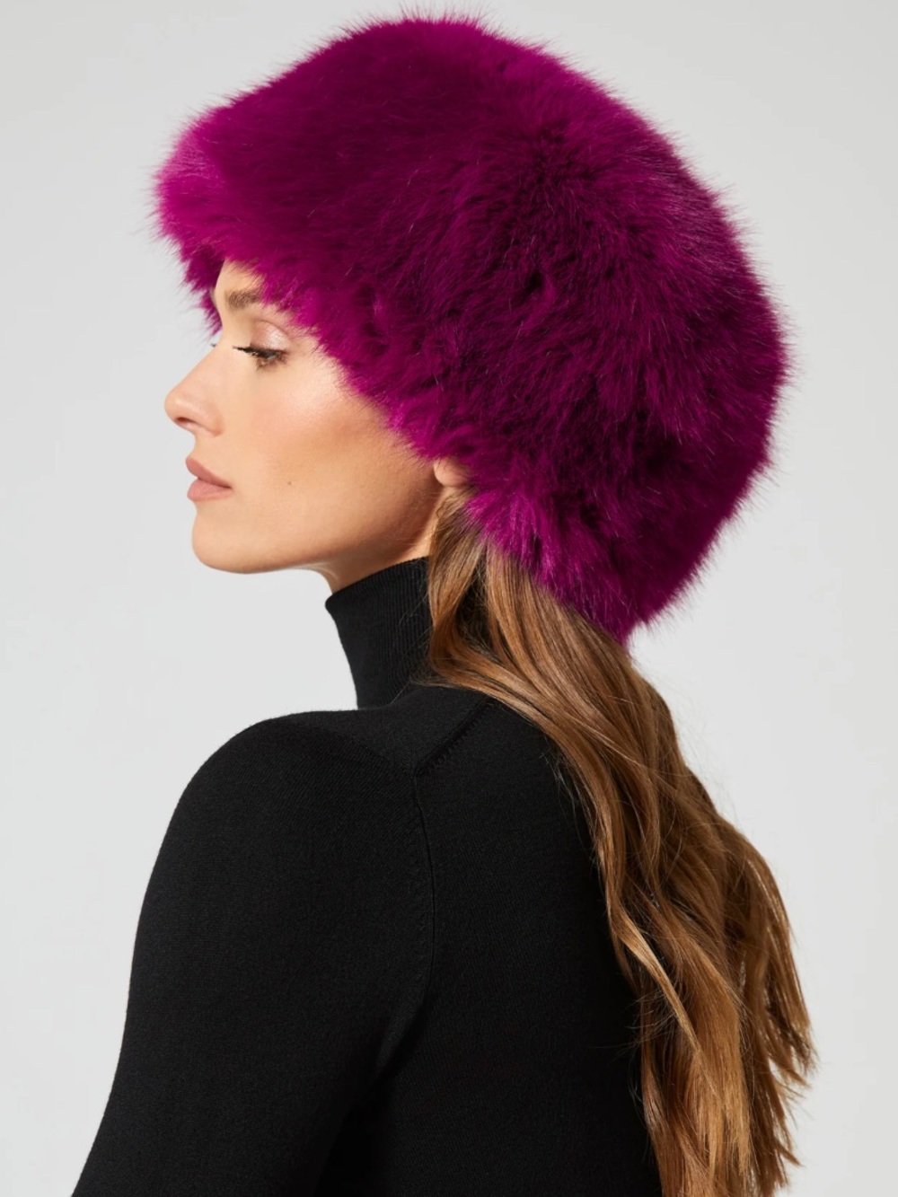 Adrienne Landau Pill Box Fox Faux Fur Fluffy Winter Hat in Dark Fuchsia Pink